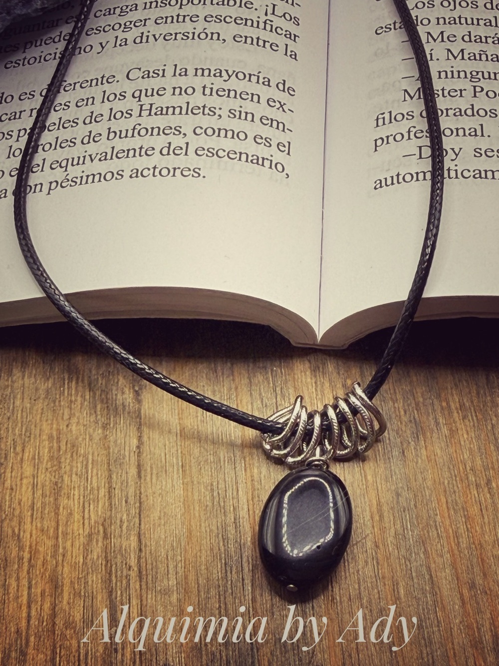 Black agate Stone Pendant Necklace with Silver Rings